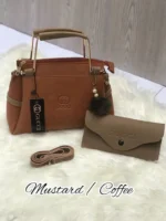 Mustard Coffee Leather Handbag with Wallet & Strap
